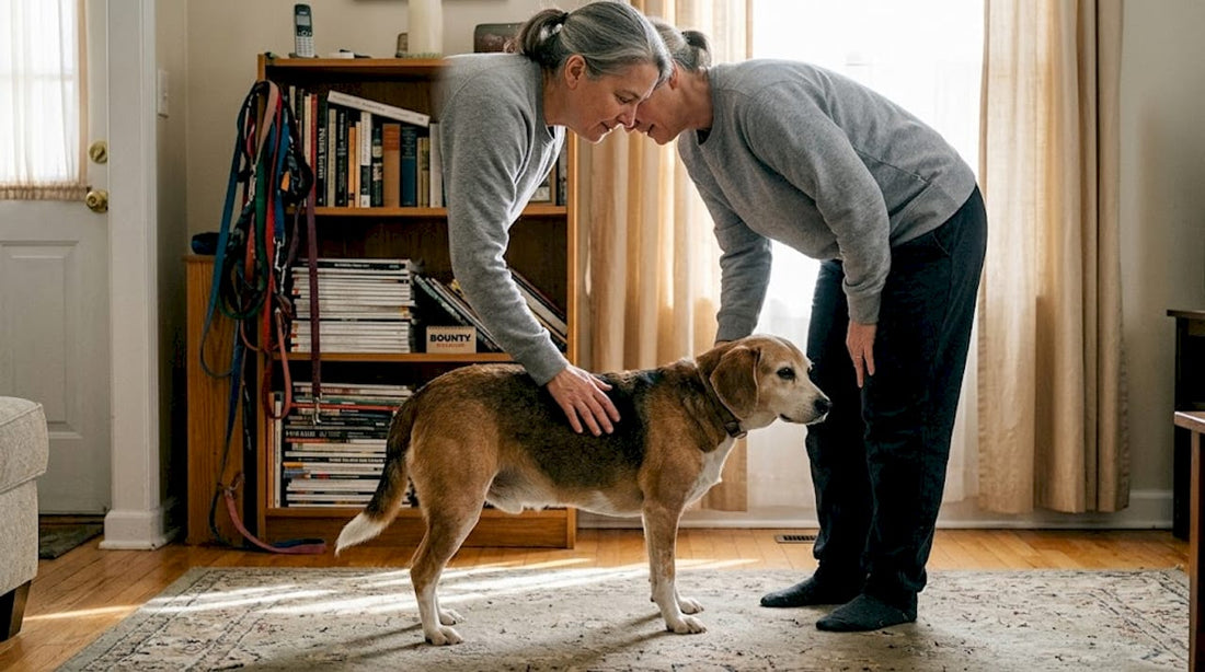 La maîtresse prend le temps d’examiner son chien à la maison pour s’assurer qu’il est en bonne santé.