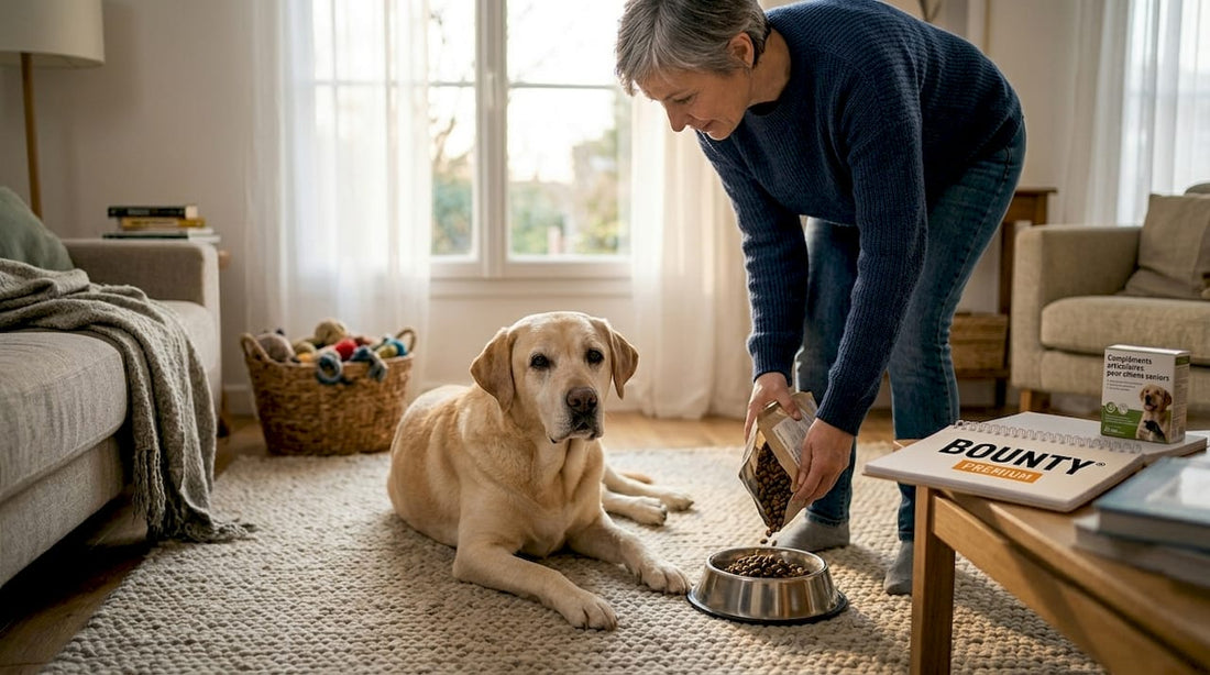 À la maison, le vieux chien garde un œil jaloux sur sa gamelle.