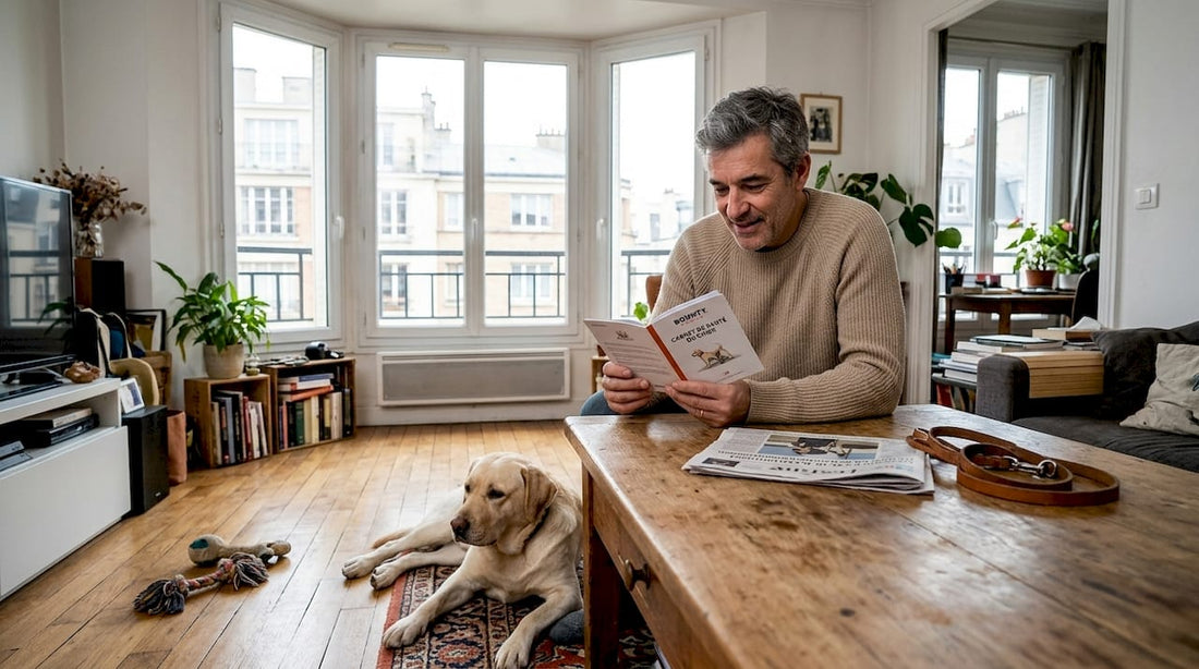 Un maître feuillette le carnet de santé de son chien pendant qu’il attend chez le toiletteur.